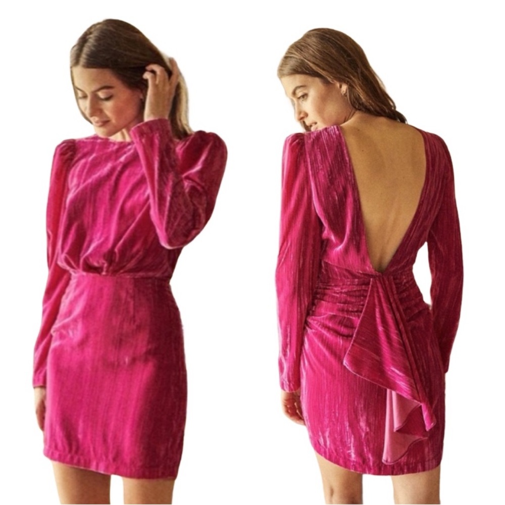 Saylor Tenley Hot Pink Velvet Backless Long Sleeve Mini Dress